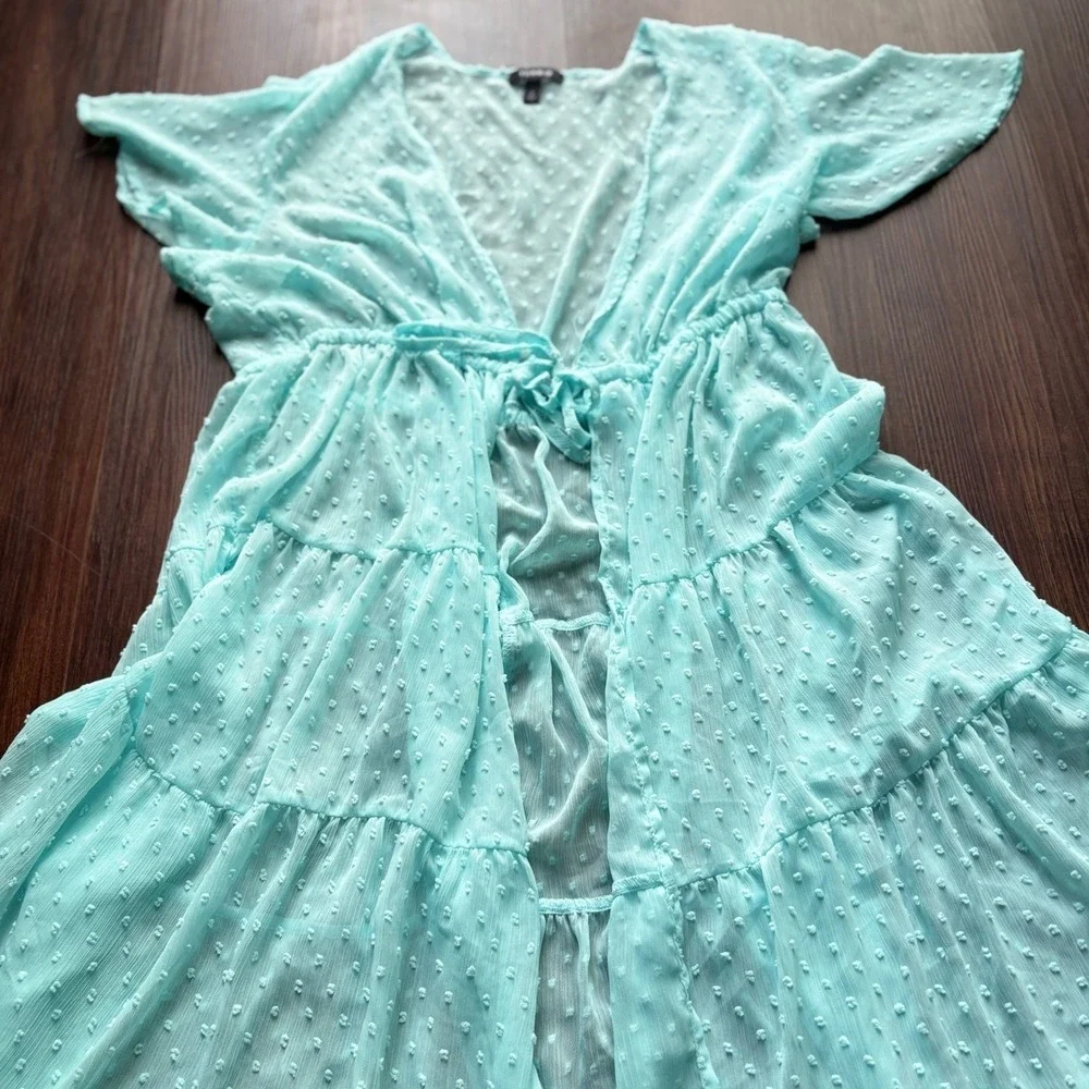 Torrid Fairycore Mint Chiffon Clip Dot Maxi Dress Deep V Flutter Sleeve 2X Aqua